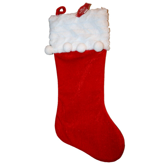 Christmas Stocking 18.5" Velour w/White Pom Poms Plush Top by Holiday Time - Picture 1 of 2